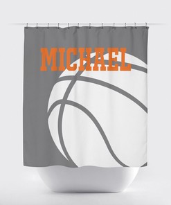 Monogrammed Basketball Shower Curtain For Kids - Titanium Grey And Orange Sports Bath Decor