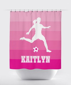 Monogrammed Ombre Football Shower Curtain with Stripes, Hot Pink and White Color Design for Girls Bathroom - Unbranded