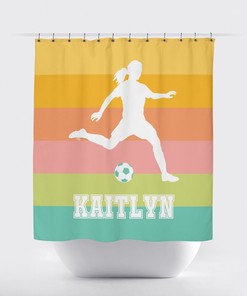 Monogrammed Ombre Football Shower Curtain with Stripes, Hot Pink and White Color Design for Girls Bathroom - Unbranded