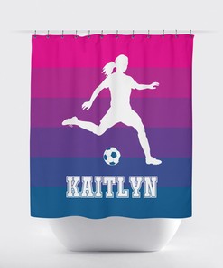 Monogrammed Ombre Football Shower Curtain with Stripes, Hot Pink and White Color Design for Girls Bathroom - Unbranded