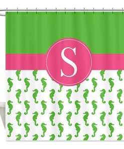 Monogrammed Seahorse Light Green Bubble Gum Pink Shower Curtain, Personalized Nautical Bathroom Decor