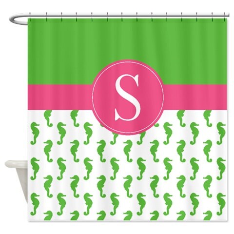 Monogrammed Seahorse Light Green Bubble Gum Pink Shower Curtain, Personalized Nautical Bathroom Decor