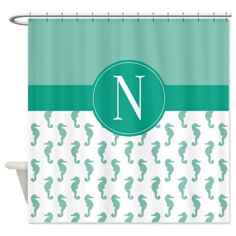Monogrammed Seahorse Light Green Bubble Gum Pink Shower Curtain, Personalized Nautical Bathroom Decor - Image 2
