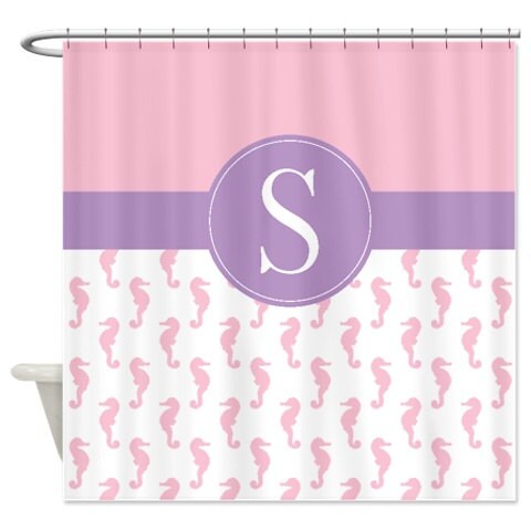 Monogrammed Seahorse Light Green Bubble Gum Pink Shower Curtain, Personalized Nautical Bathroom Decor - Image 3