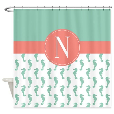Monogrammed Seahorse Light Green Bubble Gum Pink Shower Curtain, Personalized Nautical Bathroom Decor - Image 4