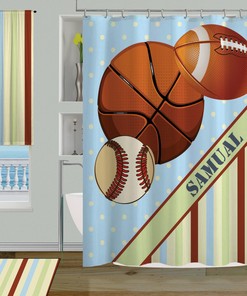Monogrammed Sports Shower Curtain Featuring Baseball, Basketball And Football, Perfect For Boys' Bathroom Decor