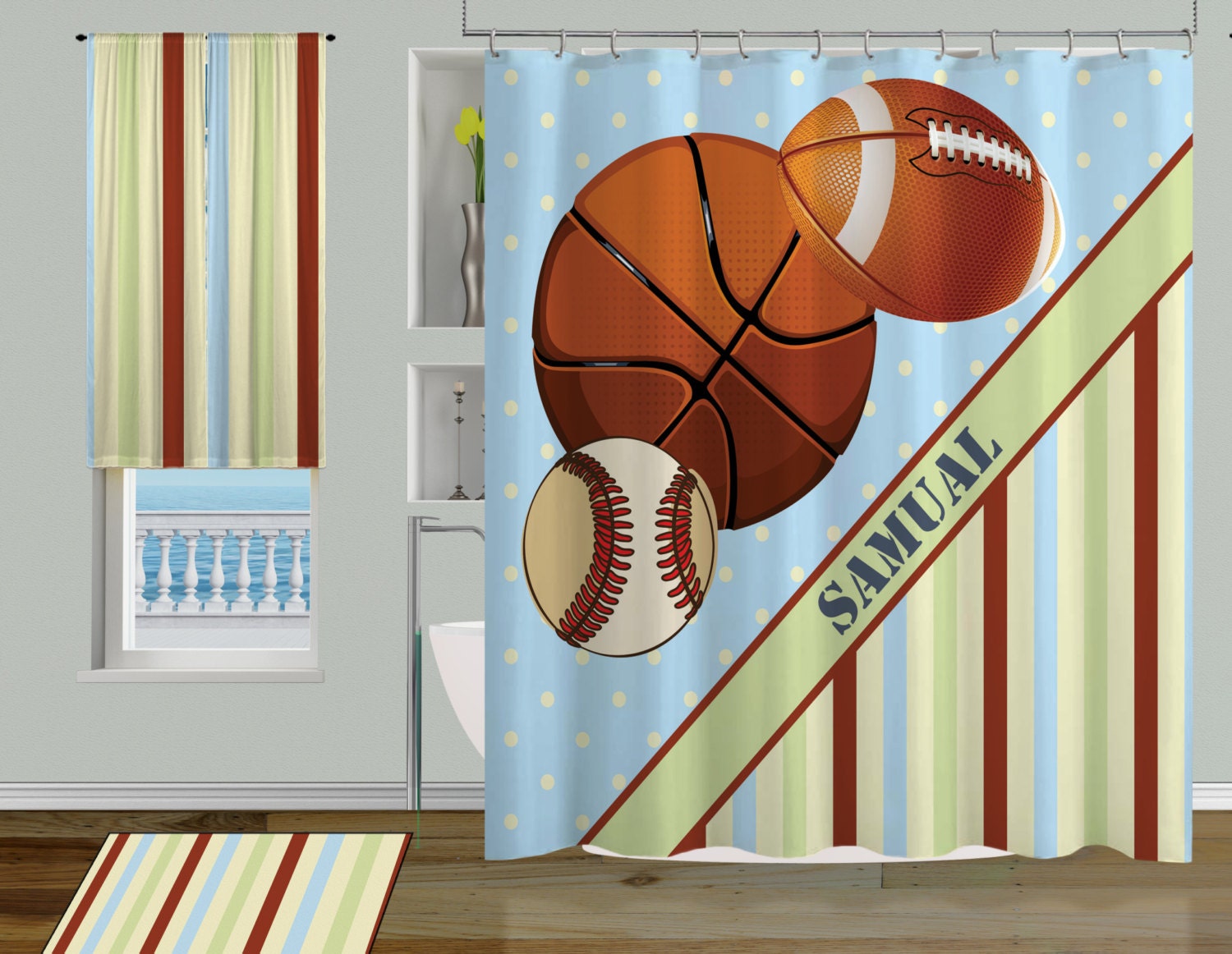 Monogrammed Sports Shower Curtain Featuring Baseball, Basketball And Football, Perfect For Boys' Bathroom Decor