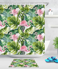 Monstera Palm Leaf Flamingo Fabric Shower Curtain 