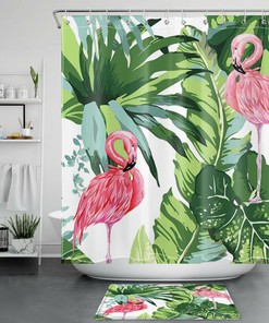 Monstera Tropical Plant Shower Curtain Waterproof Fabric Kit with Flamingo Palm Leaf Print