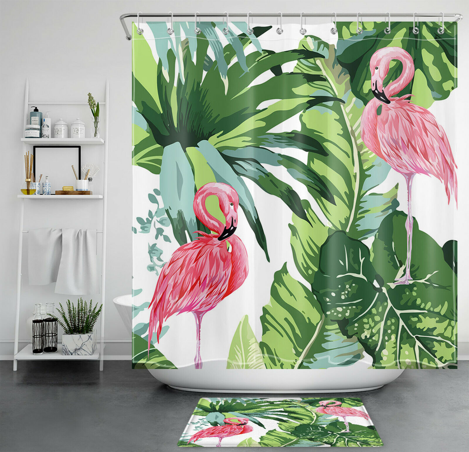 Monstera Tropical Plant Shower Curtain Waterproof Fabric Kit with Flamingo Palm Leaf Print