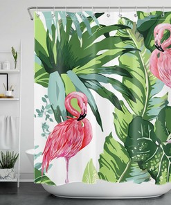 Monstera Tropical Plant Shower Curtain Waterproof Fabric Kit with Flamingo Palm Leaf Print