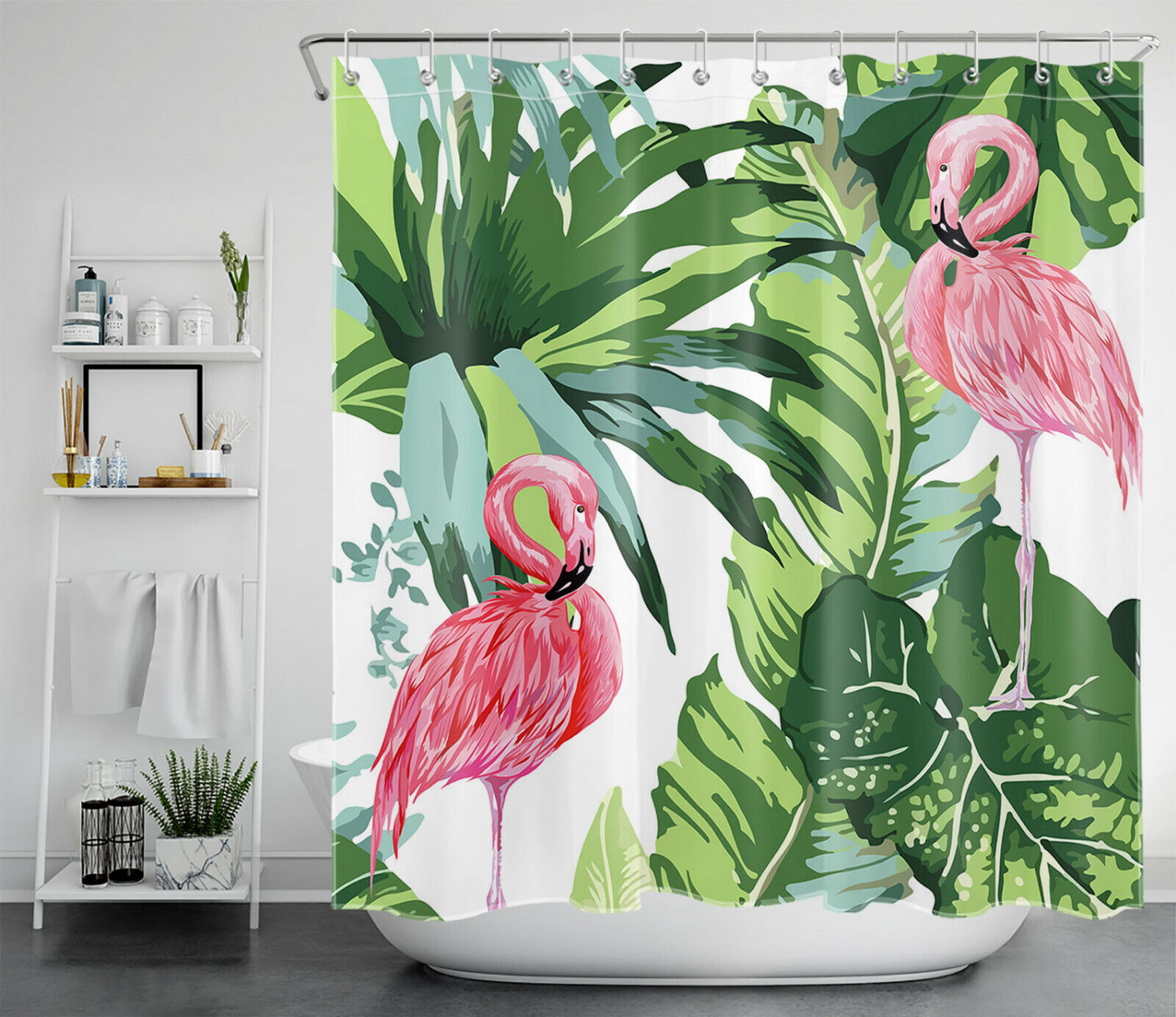 Monstera Tropical Plant Shower Curtain Waterproof Fabric Kit with Flamingo Palm Leaf Print