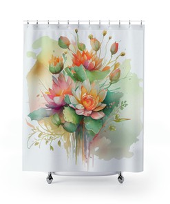 Monstera Watercolor Lotus Shower Curtain, Floral Bathroom Decor