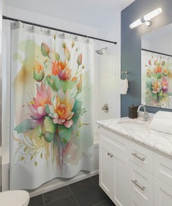 Monstera Watercolor Lotus Shower Curtain, Floral Bathroom Decor