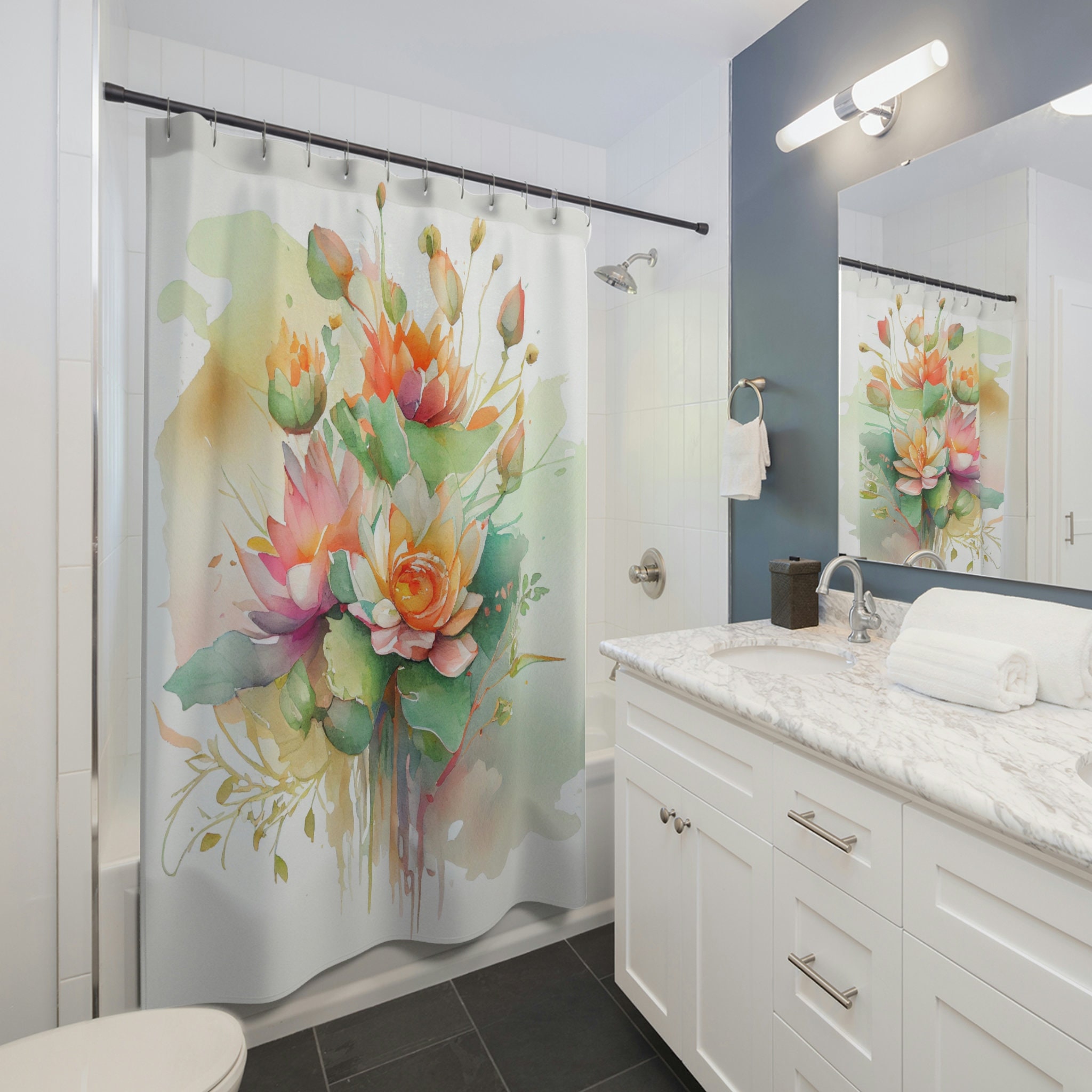 Monstera Watercolor Lotus Shower Curtain, Floral Bathroom Decor