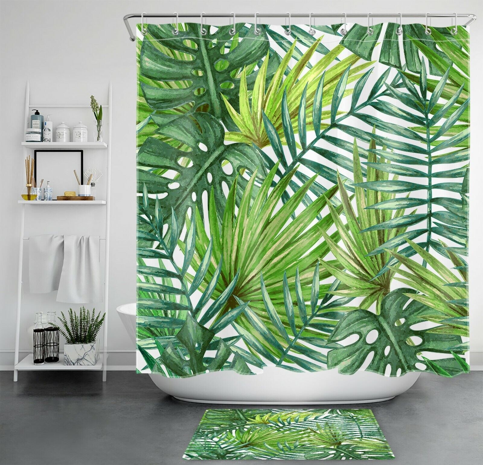 Monstera White Green Plants Shower Curtain - Chic Bathroom Accessory
