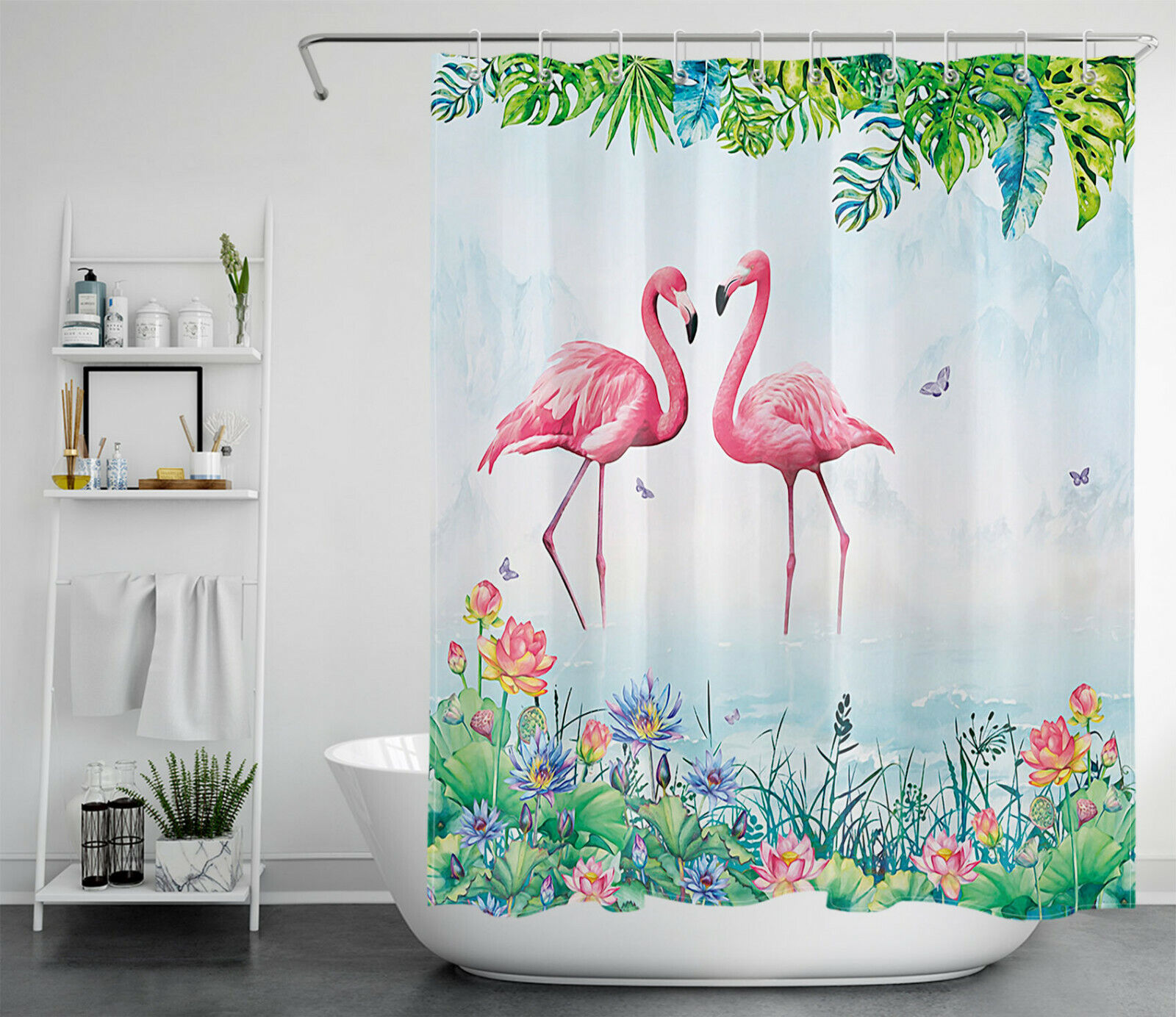 Monstera and Butterfly Shower Curtain for Summer Flamingo Bathroom