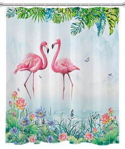 Monstera and Butterfly Shower Curtain for Summer Flamingo Bathroom