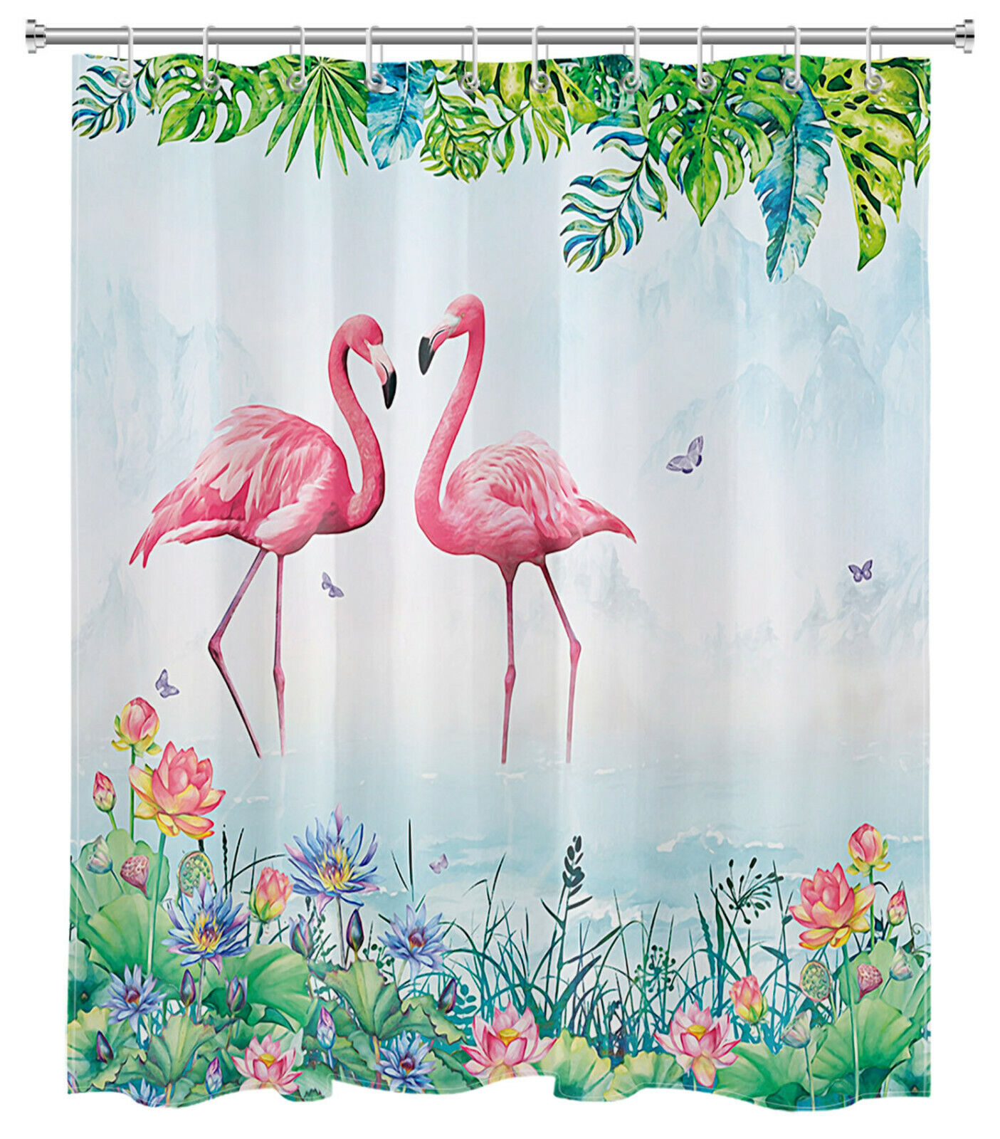 Monstera and Butterfly Shower Curtain for Summer Flamingo Bathroom