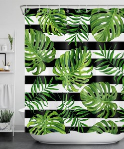 Monstera and Palm Leaf Shower Curtain - LB Jungle Green Plant Summer Botanical Bathroom Decor