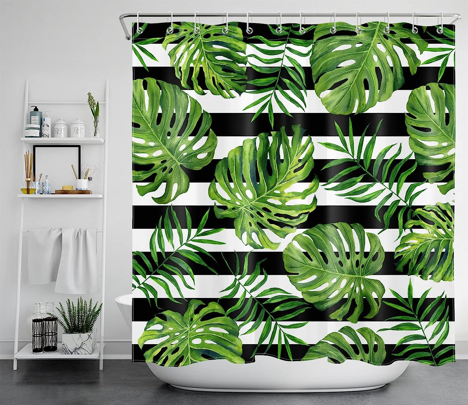 Monstera and Palm Leaf Shower Curtain - LB Jungle Green Plant Summer Botanical Bathroom Decor