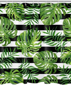 Monstera and Palm Leaf Shower Curtain - LB Jungle Green Plant Summer Botanical Bathroom Decor
