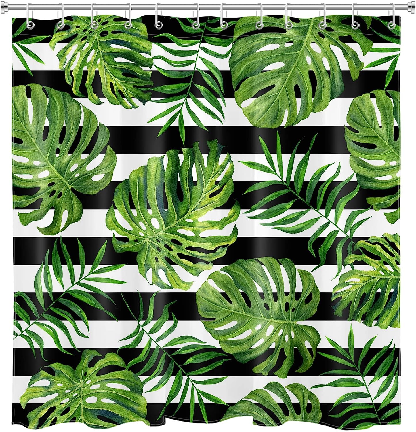 Monstera and Palm Leaf Shower Curtain - LB Jungle Green Plant Summer Botanical Bathroom Decor