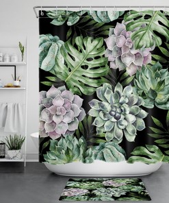 Monstera and Succulent Plant Black Shower Curtain, Tropical Leaves Design for Bathroom Decor 