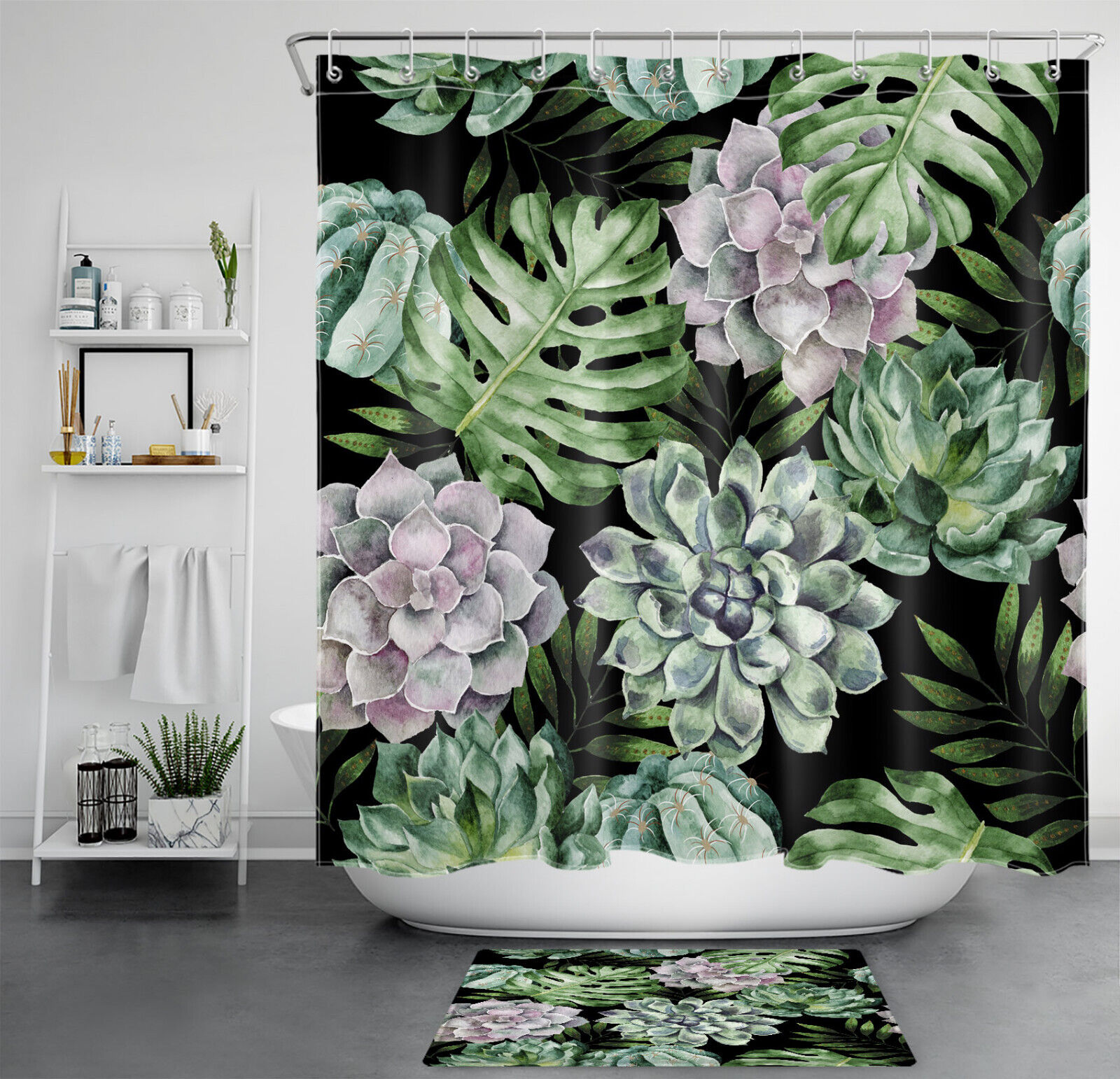 Monstera and Succulent Plant Black Shower Curtain, Tropical Leaves Design for Bathroom Decor