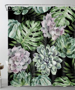Monstera and Succulent Plant Black Shower Curtain, Tropical Leaves Design for Bathroom Decor