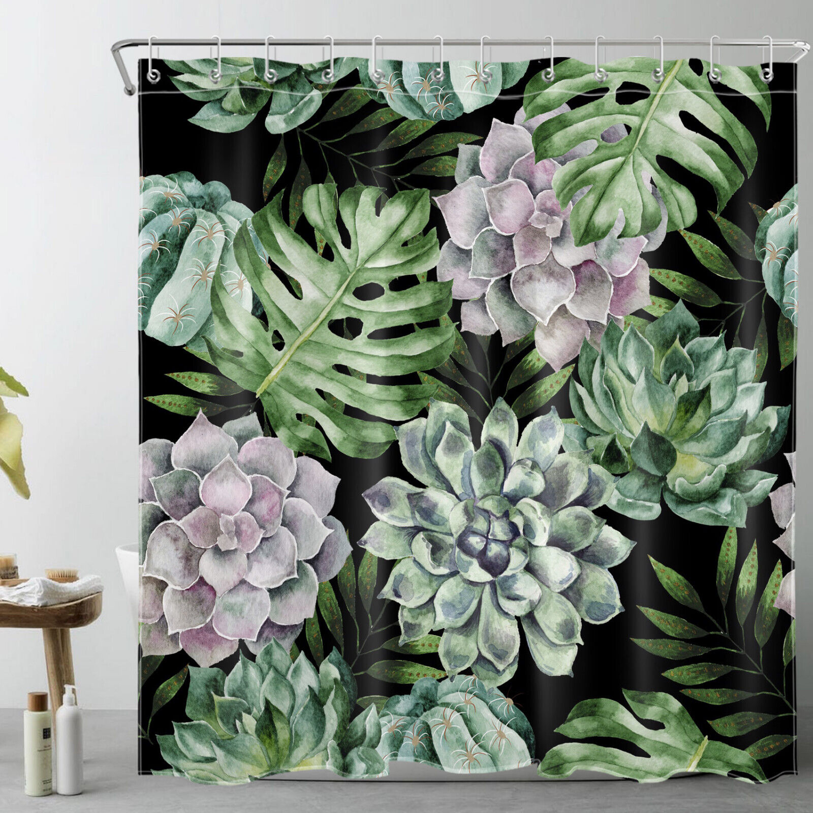 Monstera and Succulent Plant Black Shower Curtain, Tropical Leaves Design for Bathroom Decor