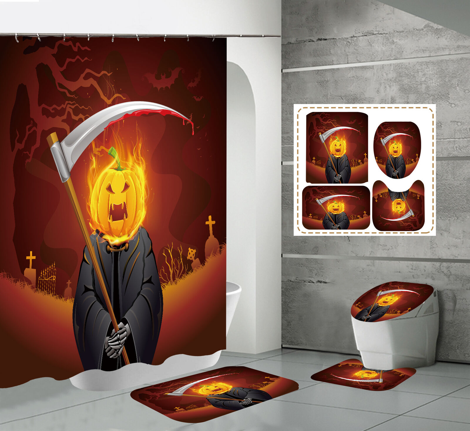 Monsterous Halloween Pumpkin Waterproof Shower Curtain Set