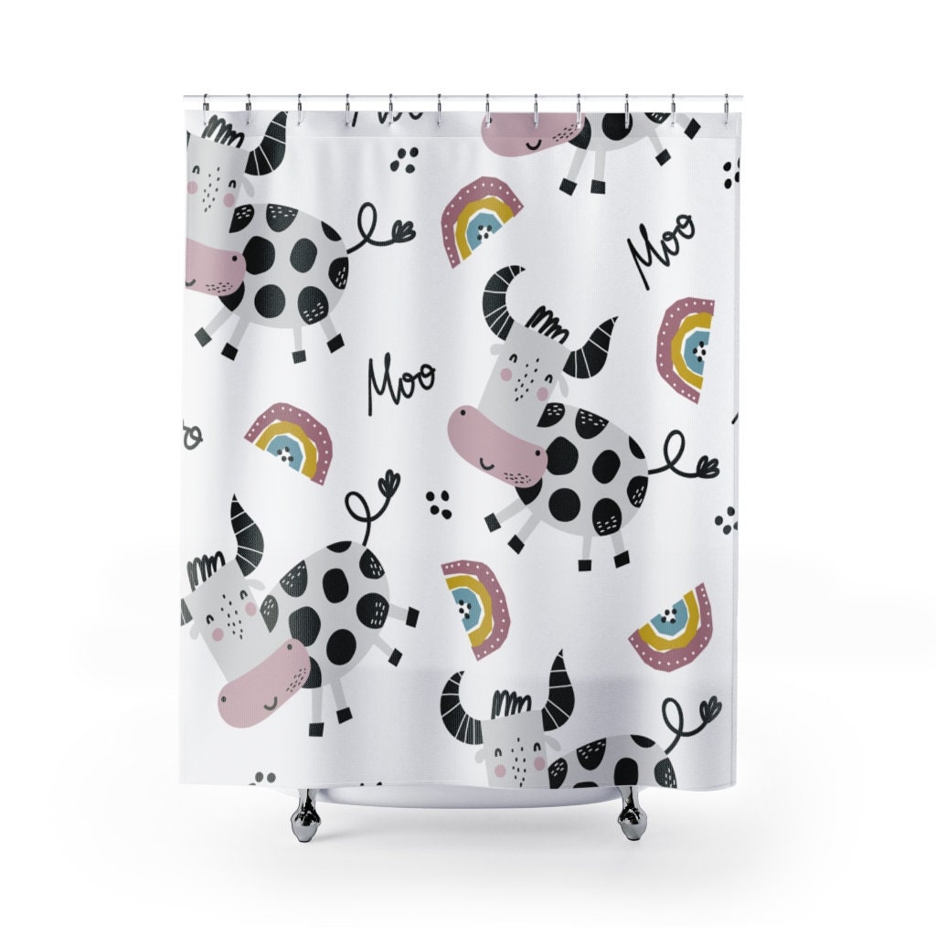 Moo Moo Cows and Rainbows Shower Curtain for Farmhouse Bathroom Decor