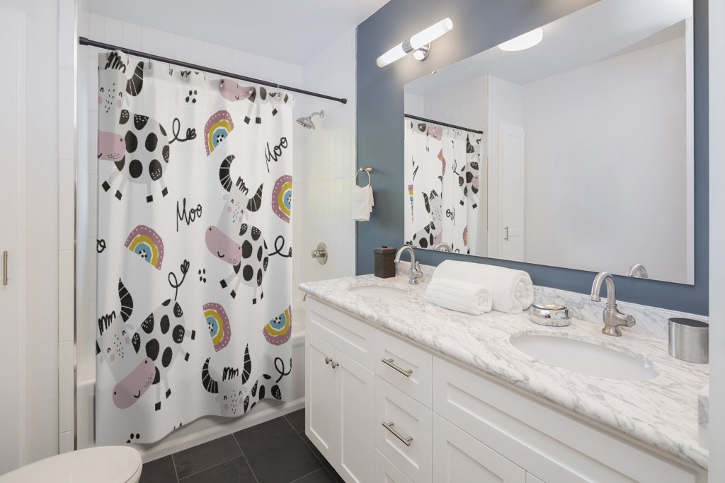 Moo Moo Cows and Rainbows Shower Curtain for Farmhouse Bathroom Decor