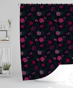 Moody Pink Botanical Retro Shower Curtain For Dark Academia Bathroom Decor