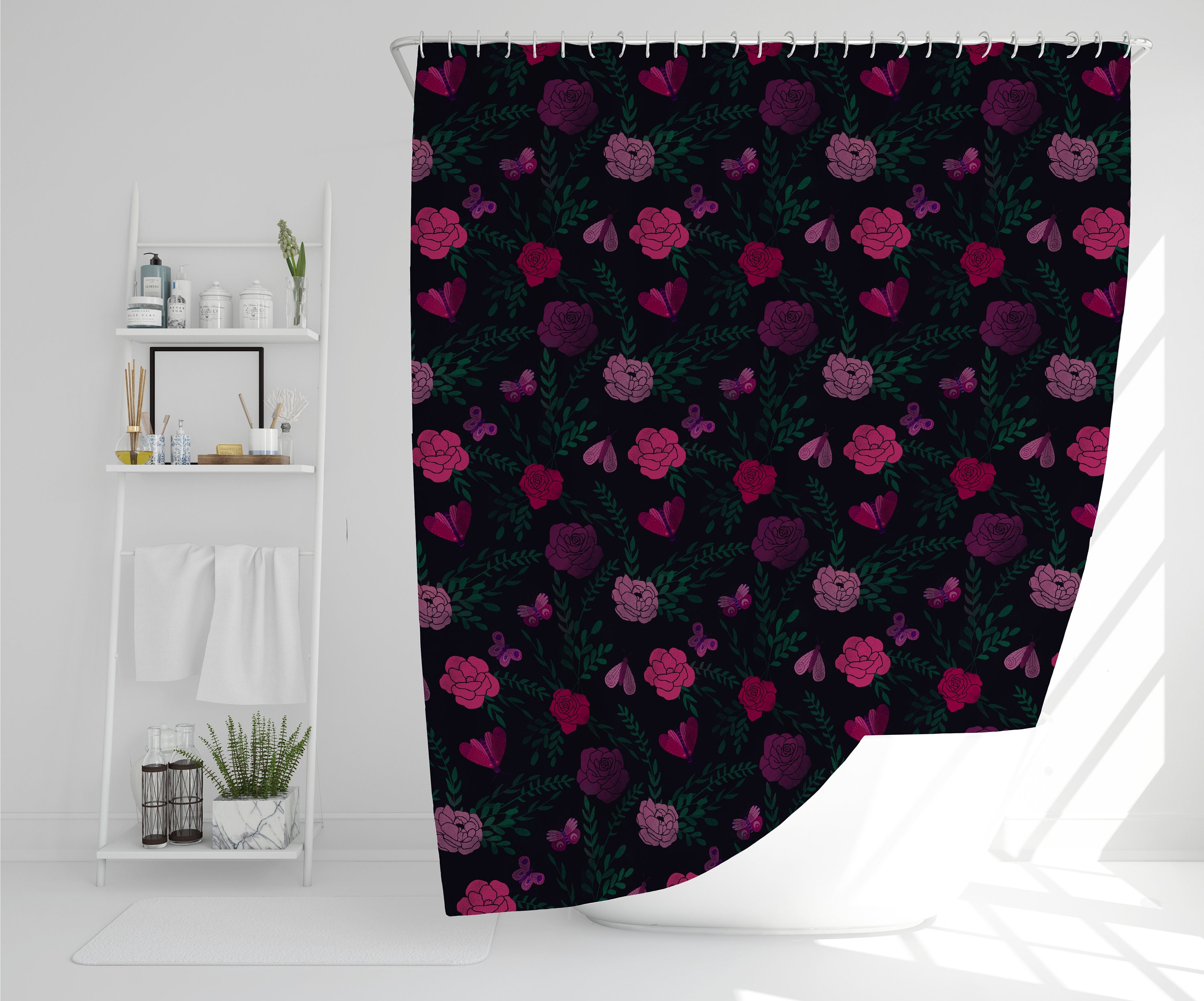Moody Pink Botanical Retro Shower Curtain For Dark Academia Bathroom Decor