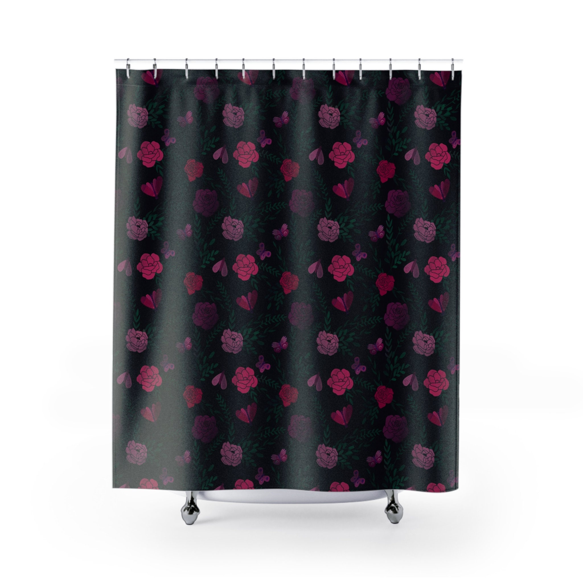 Moody Pink Botanical Retro Shower Curtain For Dark Academia Bathroom Decor - Image 2