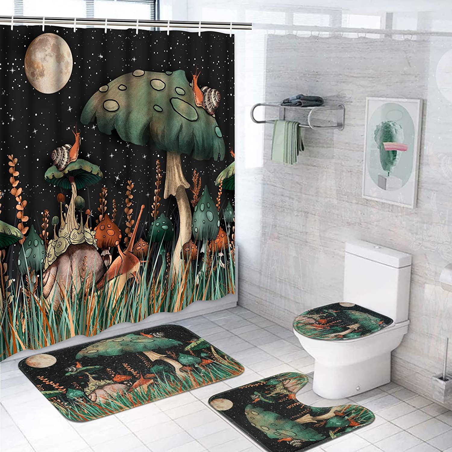 Moon And Mushroom Plant Shower Curtain For Bathroom And Accessories By Alishomtll