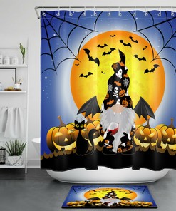 Moon Bat, Gnome, And Pumpkin Shower Curtain - Festive And Fun Halloween Decor