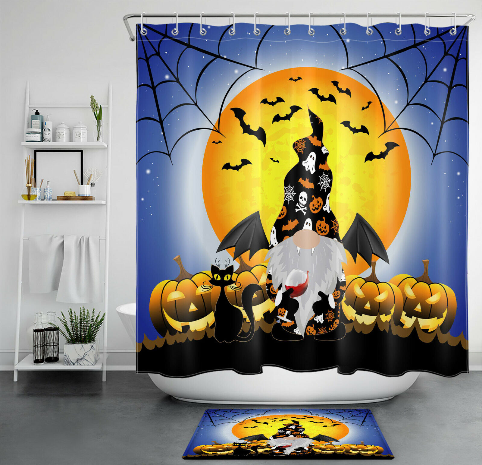 Moon Bat, Gnome, And Pumpkin Shower Curtain - Festive And Fun Halloween Decor