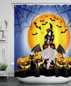 Moon Bat, Gnome, And Pumpkin Shower Curtain - Festive And Fun Halloween Decor