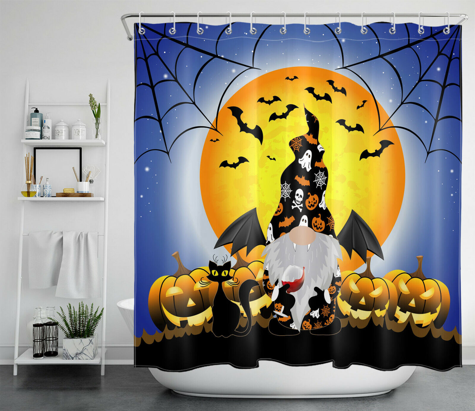 Moon Bat, Gnome, And Pumpkin Shower Curtain - Festive And Fun Halloween Decor