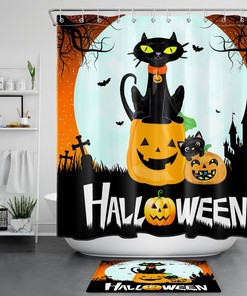 Moon Black Cat and Pumpkin Halloween Shower Curtain: Elegant and Playful Touch to Your Bathroom for Halloween