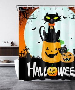 Moon Black Cat and Pumpkin Halloween Shower Curtain: Elegant and Playful Touch to Your Bathroom for Halloween