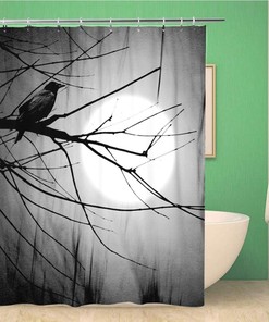 Moon Black Raven Crow On Branch Shower Curtain With Fabric