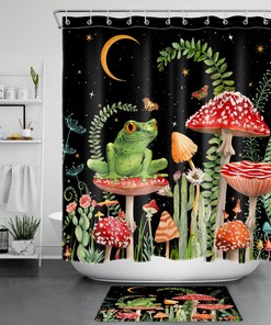 Moon Cactus Frog Plant Shower Curtain with Red Mushrooms: Family-Friendly Bathroom Accessories with Nature Theme