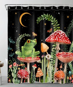 Moon Cactus Frog Plant Shower Curtain with Red Mushrooms: Family-Friendly Bathroom Accessories with Nature Theme