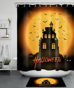 Moon Castle, Pumpkin, And Bat Swarm Shower Curtain - Rustic Halloween Theme 