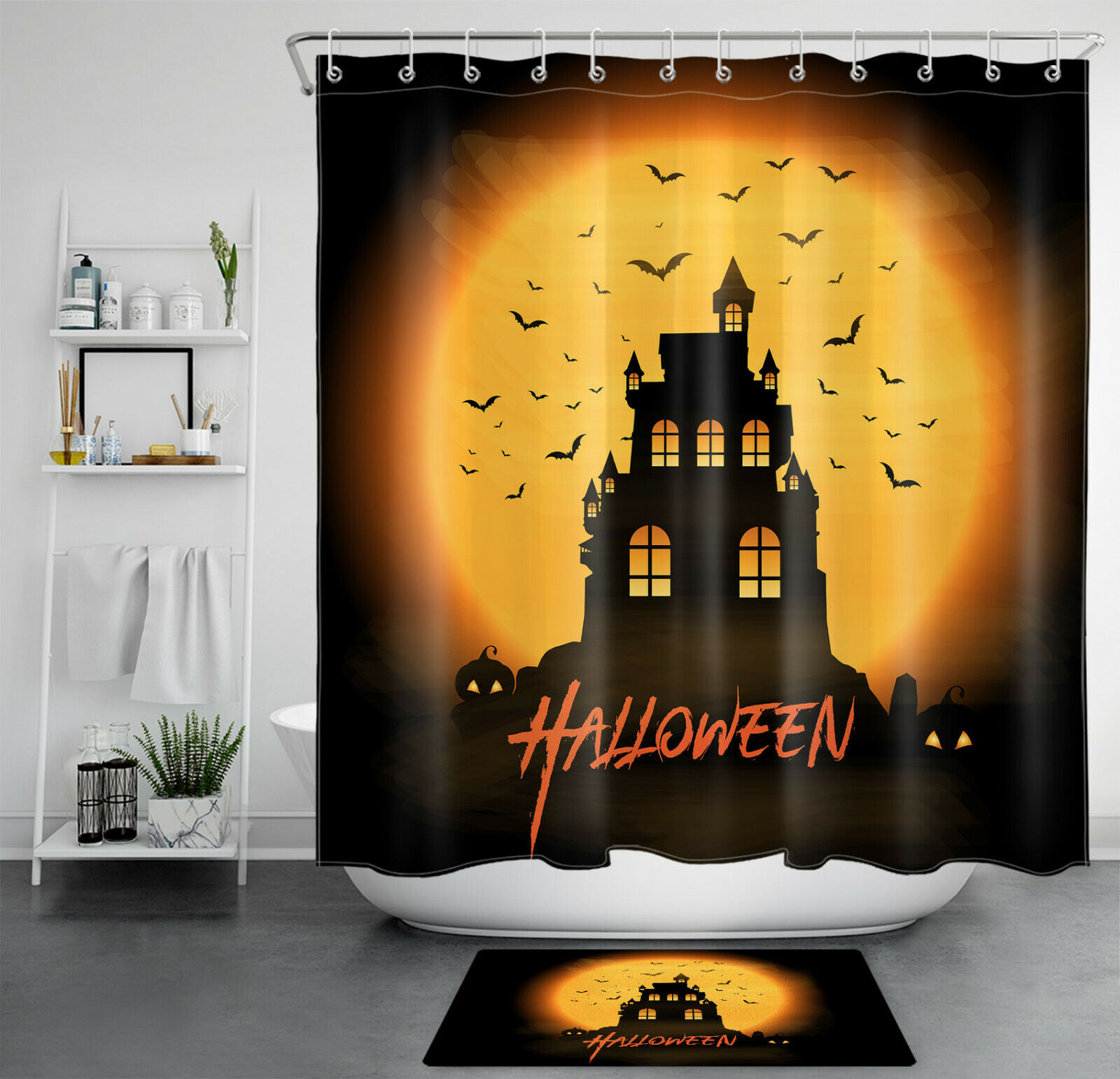 Moon Castle, Pumpkin, And Bat Swarm Shower Curtain - Rustic Halloween Theme