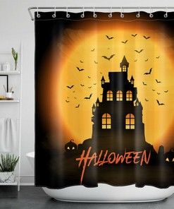 Moon Castle, Pumpkin, And Bat Swarm Shower Curtain - Rustic Halloween Theme
